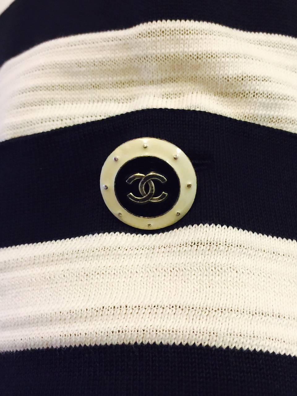 Women's Chanel Navy and Ivory Striped Cotton Bateau Shift Dress With Gondola Pin  