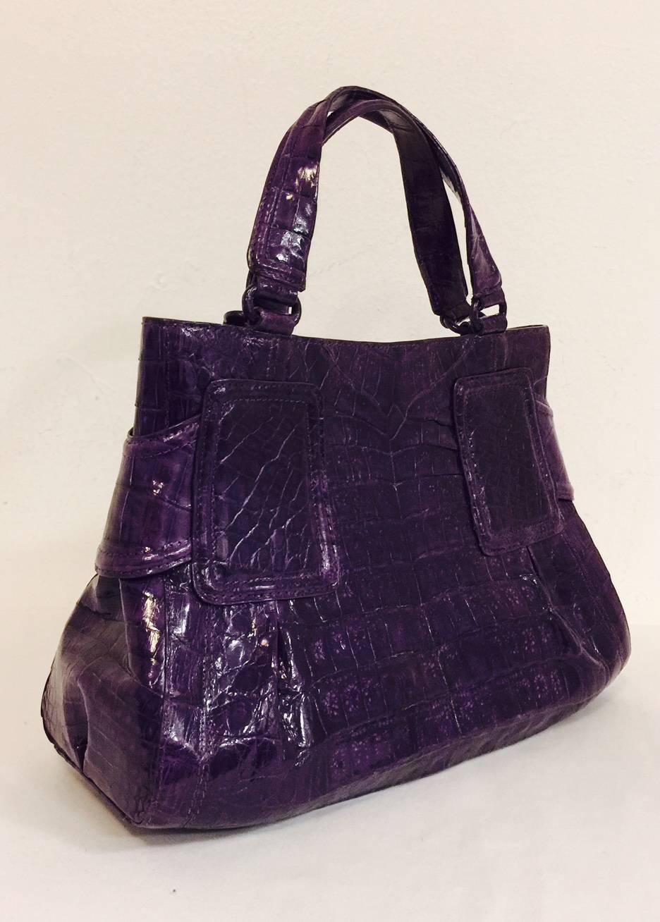 Nancy Gonzalez Aubergine Crocodile Structured Hand Bag With Covered Feet In Excellent Condition In Palm Beach, FL
