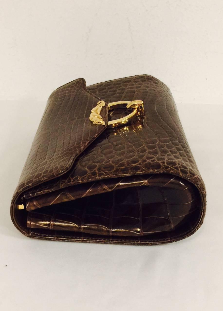 Black Kwanpen Deep Cognac Crocodile Structured Bag With Chain Strap 