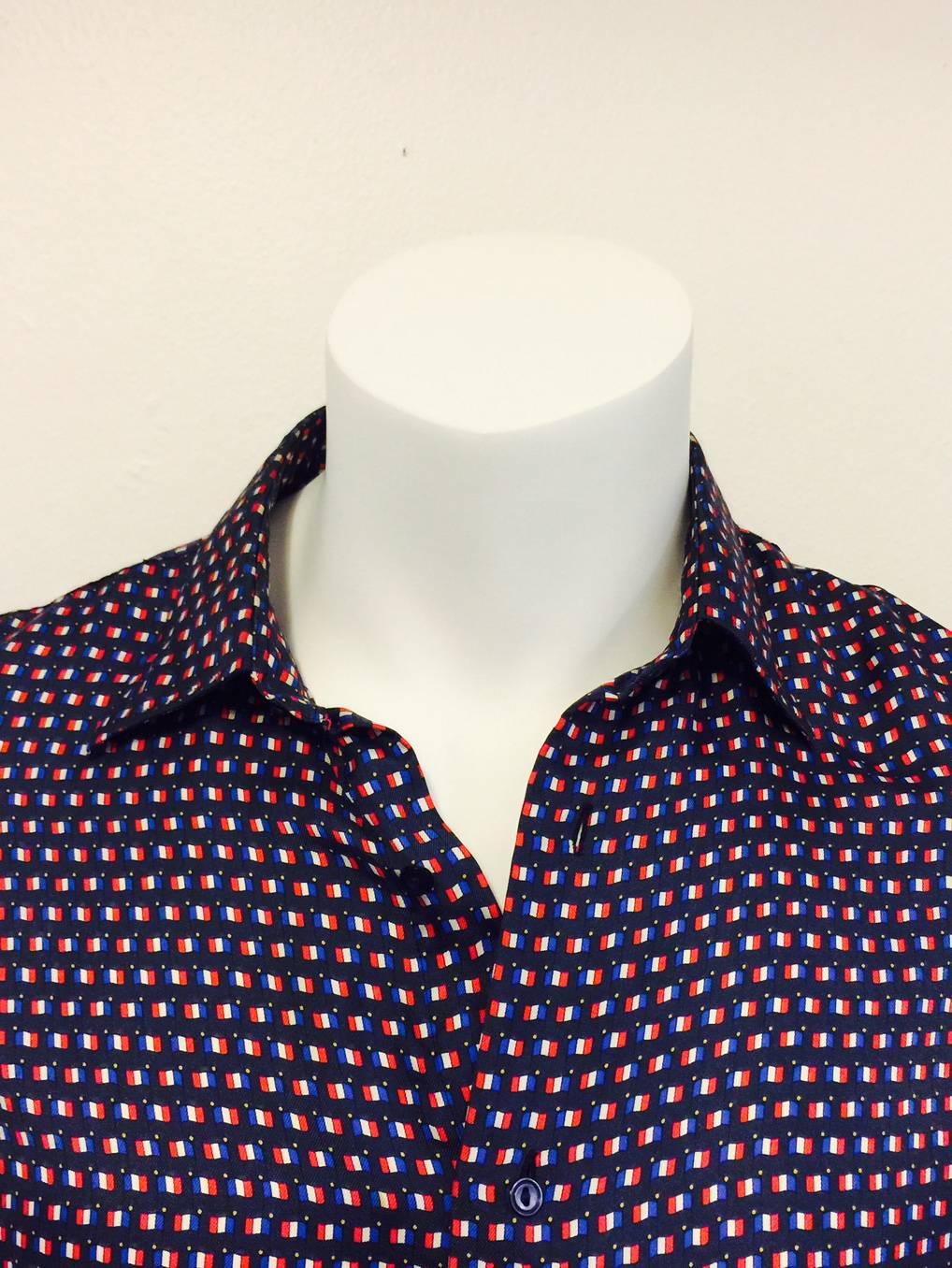 Men's Vintage 1970's Hermes Silk Shirt Adorned With Proud French Flags  In Excellent Condition In Palm Beach, FL
