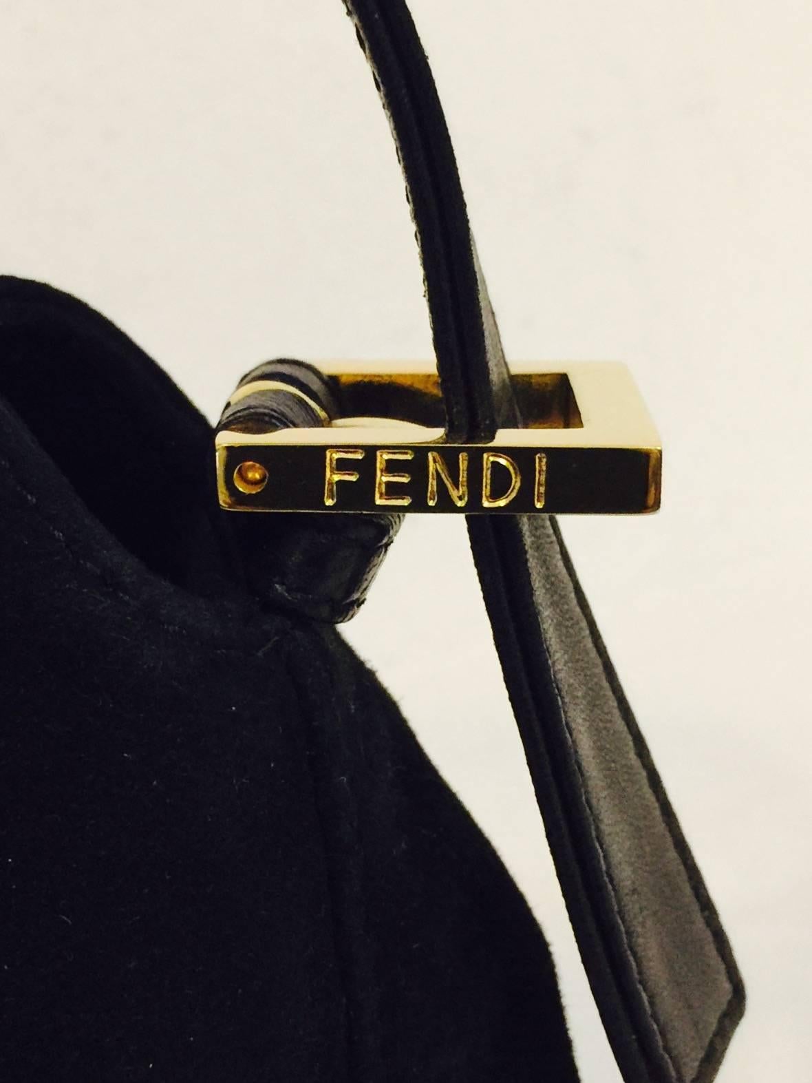 Iconic Fendi Black Suede Baguette Bag With Gold Tone Zucchino Logo Closure  2
