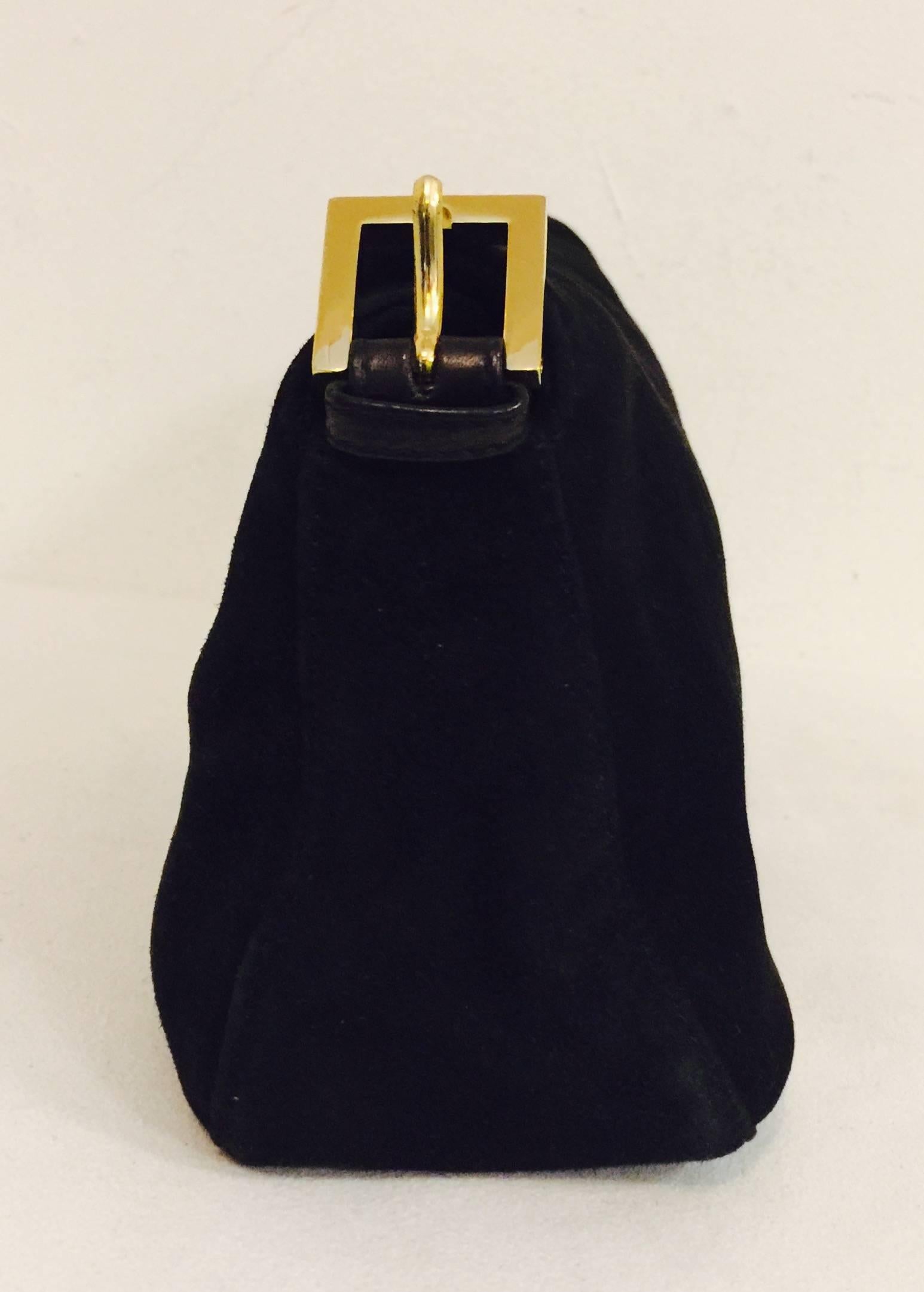 Women's Iconic Fendi Black Suede Baguette Bag With Gold Tone Zucchino Logo Closure 