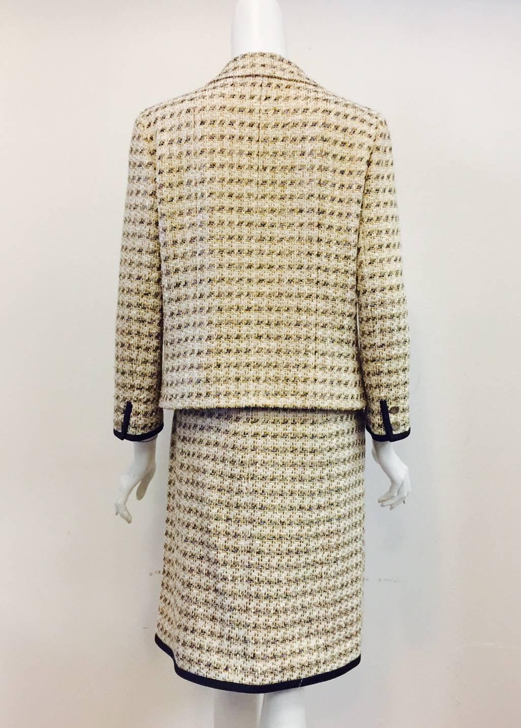 Chanel Metallic Tweed Skirt Suit with Black Silk Satin Trim and Metallic Thread In Excellent Condition In Palm Beach, FL