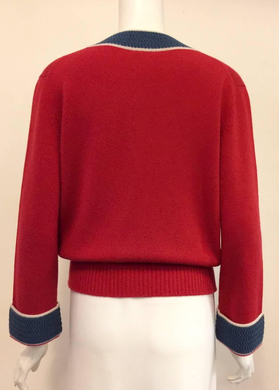 Chanel Red and Slate Blue Cashmere Cardigan With Wide Banded Cuffs at ...
