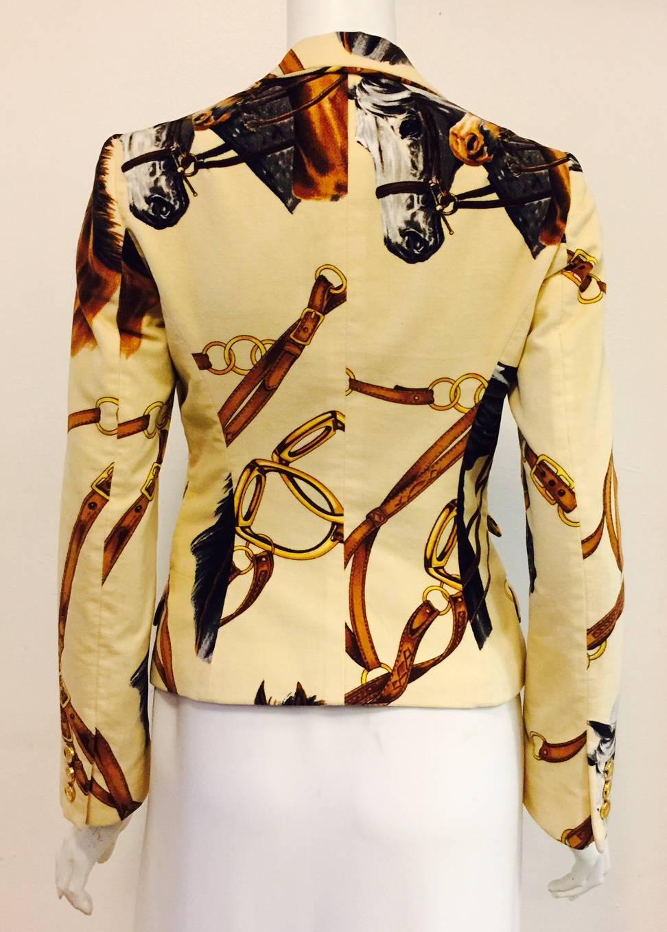 Beige D&G Brushed Cotton Fitted Jacket With Equestrian Print and Leopard Lining 