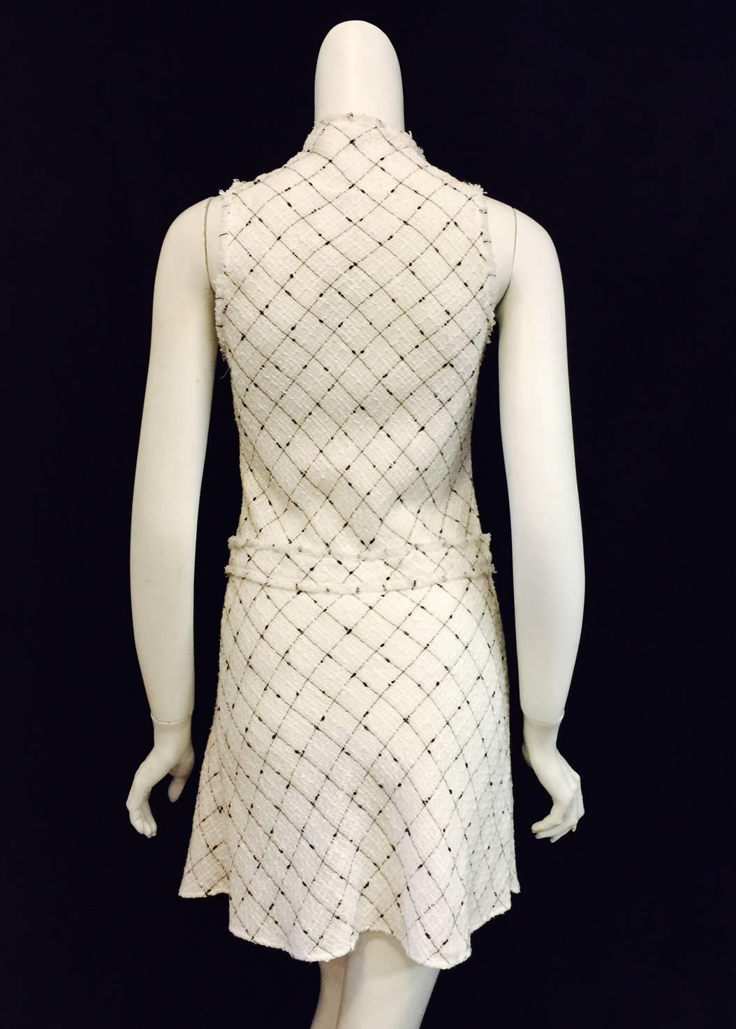 Beige Chanel Spring White Cotton Tweed Sleeveless Dress W Black Diamond Pattern 