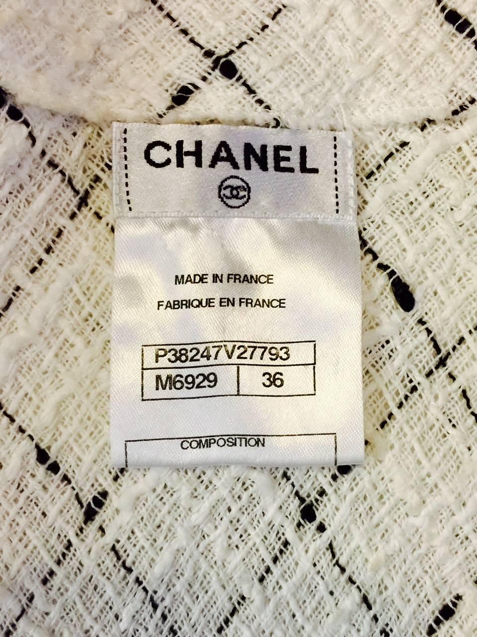 Chanel Spring White Cotton Tweed Sleeveless Dress W Black Diamond Pattern  1