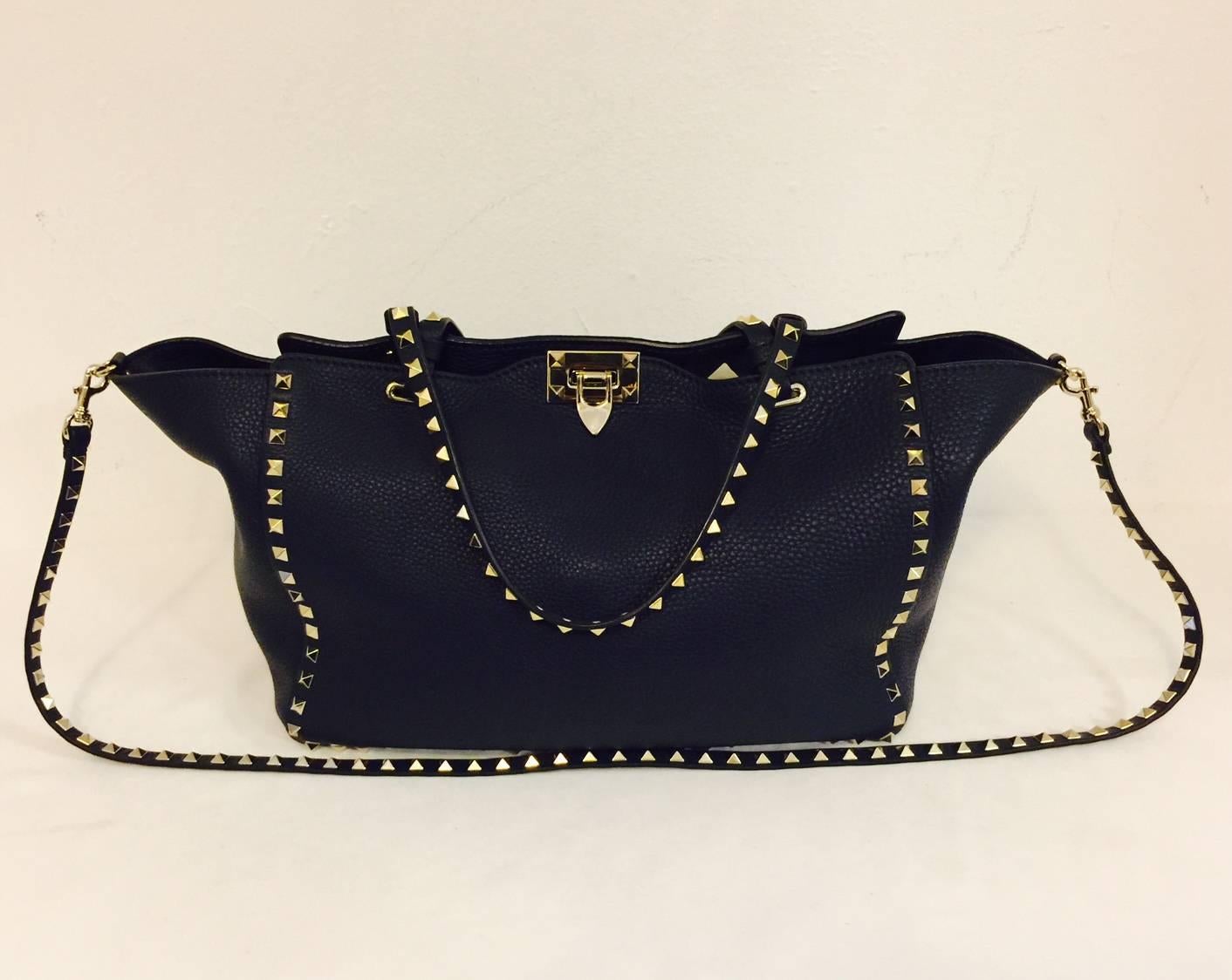 Valentino Garavani Rock Stud Dark Navy Grained Leather Trapeze Tote ...