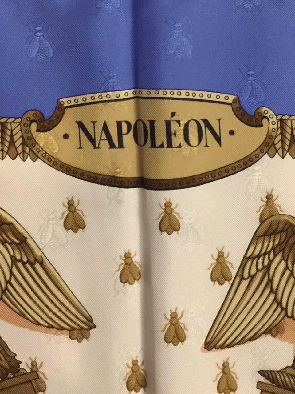 Hermes Napoleon Silk Jacquard Twill Scarf is in pristine vintage condition. Designed by Philippe Ledoux this carre was first issued in 1963 and re-issued in 1985. The bee, the symbol of immortality and resurrection, along with the eagle were chosen