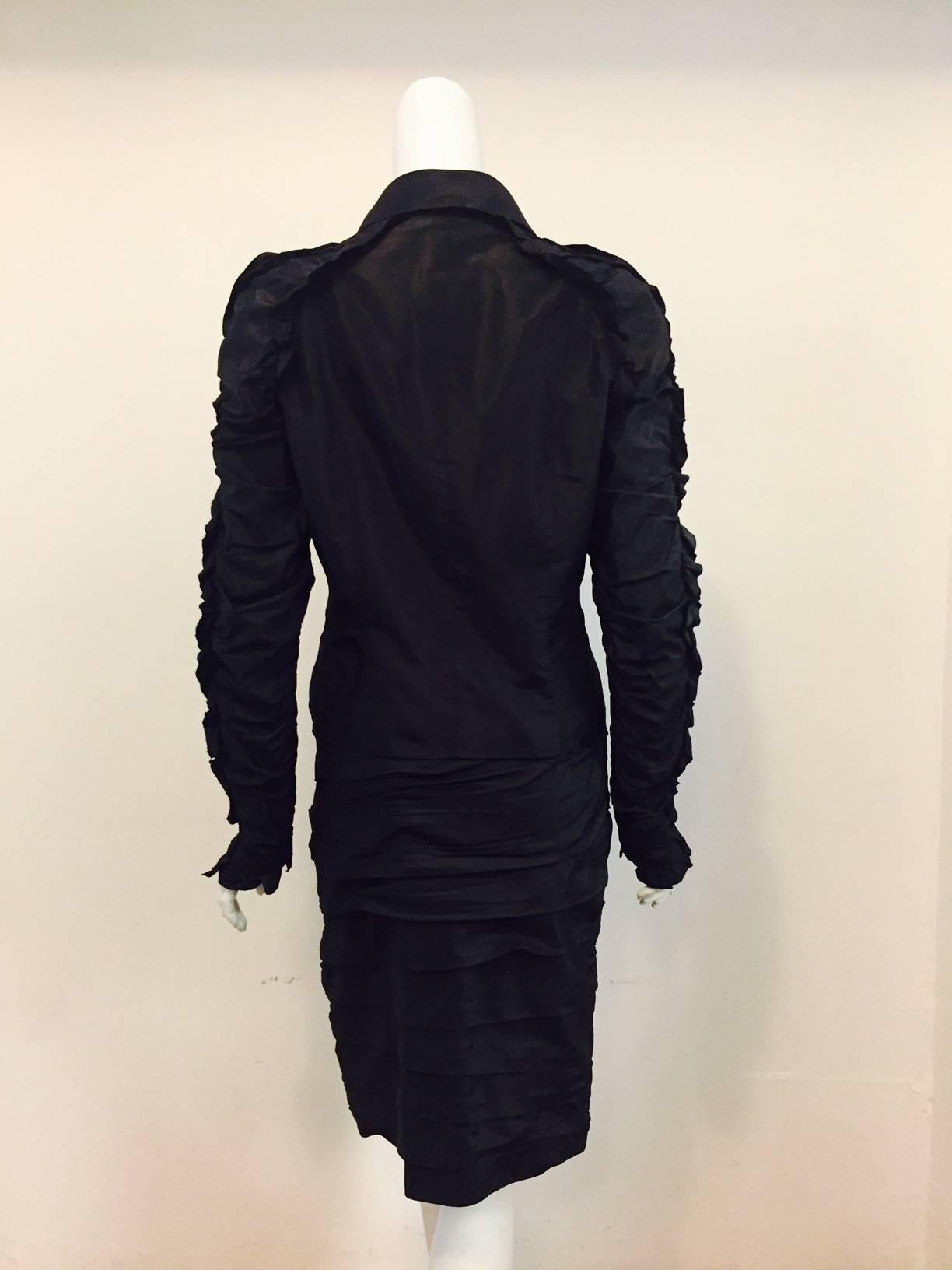 Lagerfeld Gallery Ruched Black Silk Evening Skirt Suit With Ruffled Sleeves  In Excellent Condition In Palm Beach, FL