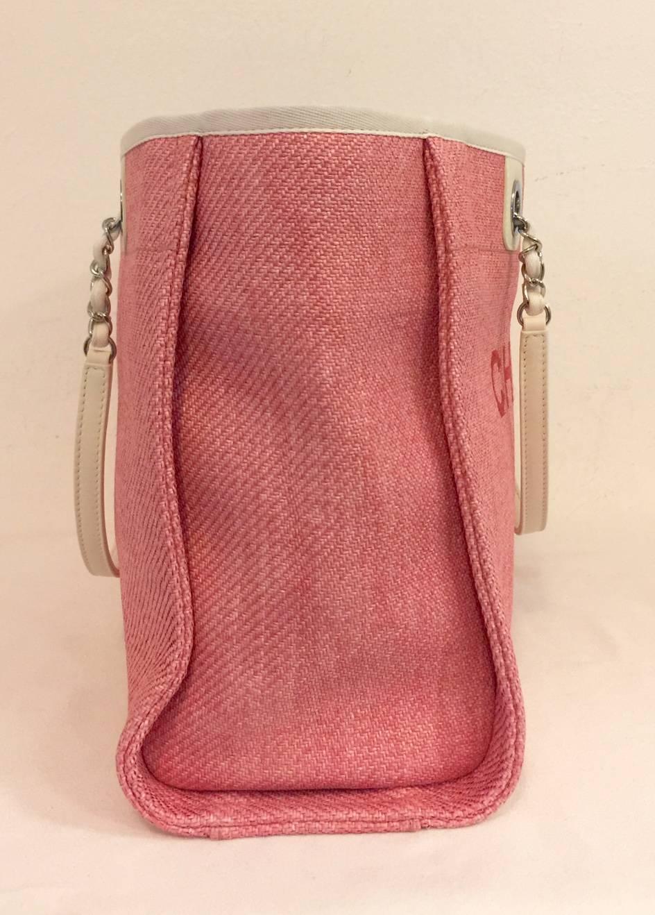 Chanel Pink Deauville Tote Small With Ivory Leather Interwoven Chains 18893473 In Excellent Condition In Palm Beach, FL