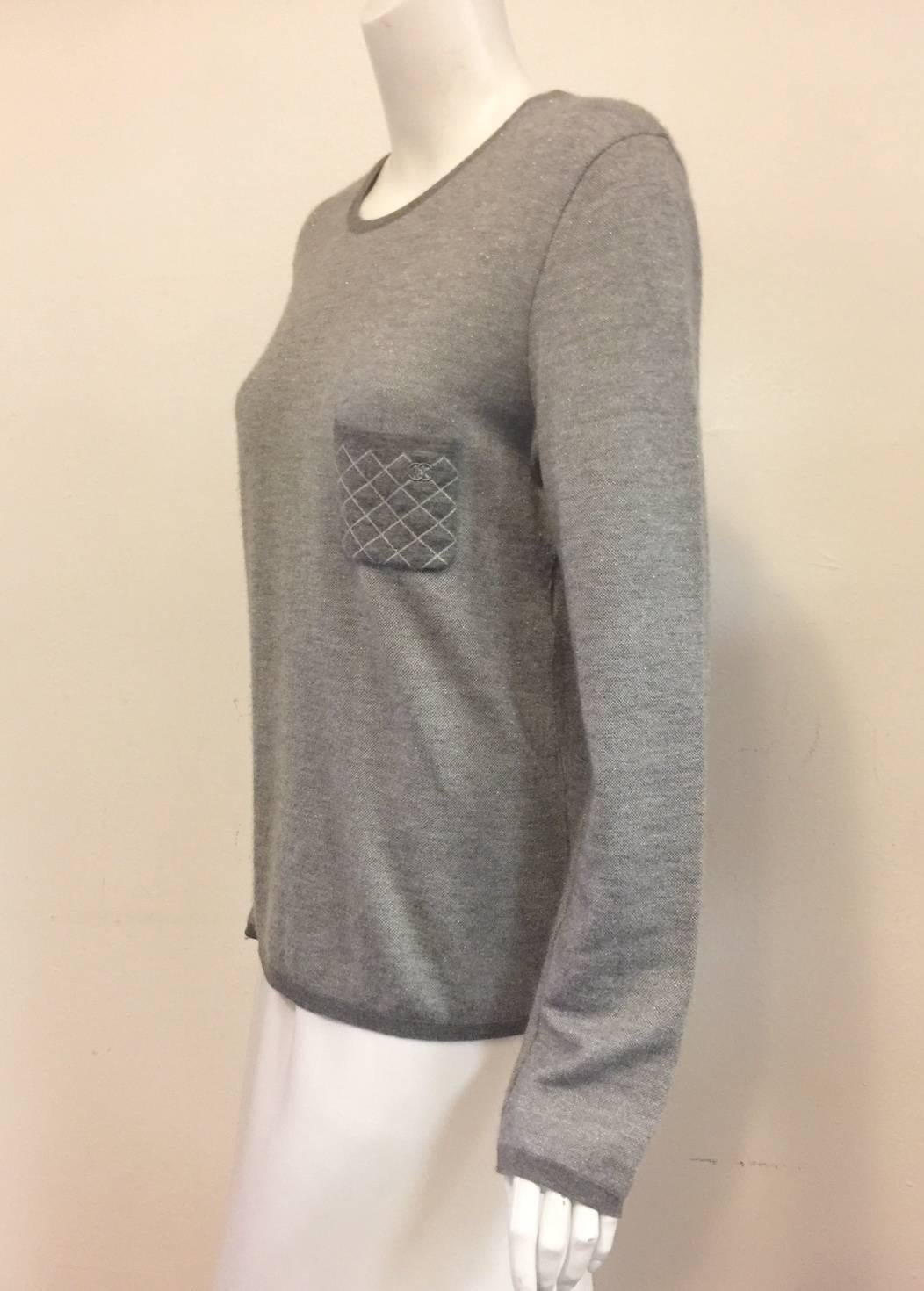 Women's Chanel Cashmere Blend Sterling Pullover With Silver Metallic Threads Sz 46 