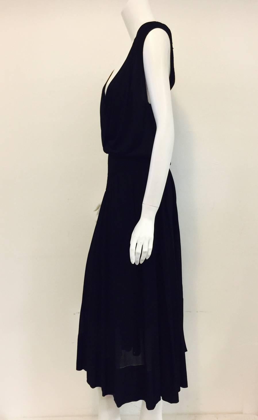 Women's Chanel Black Viscose Stretch Dress With Surplice Front and Full Longer Skirt 