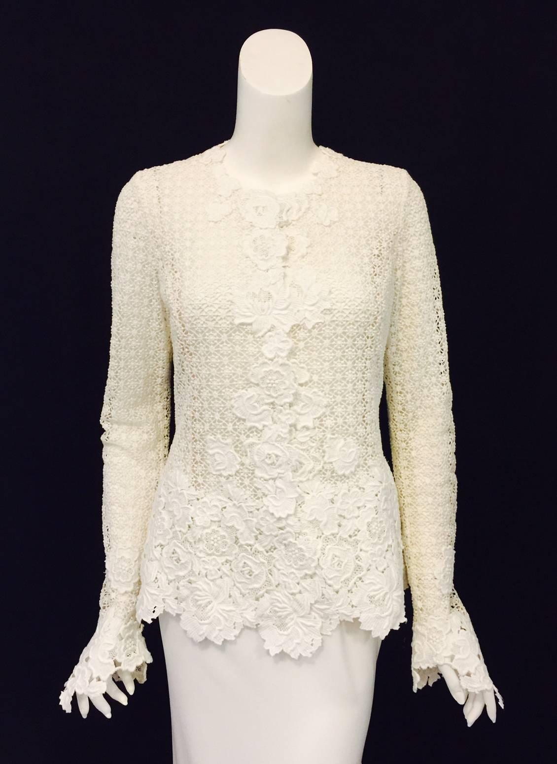 Beige Oscar de la Renta Ivory Crochet Fitted Jacket With Floral Applique Trim 