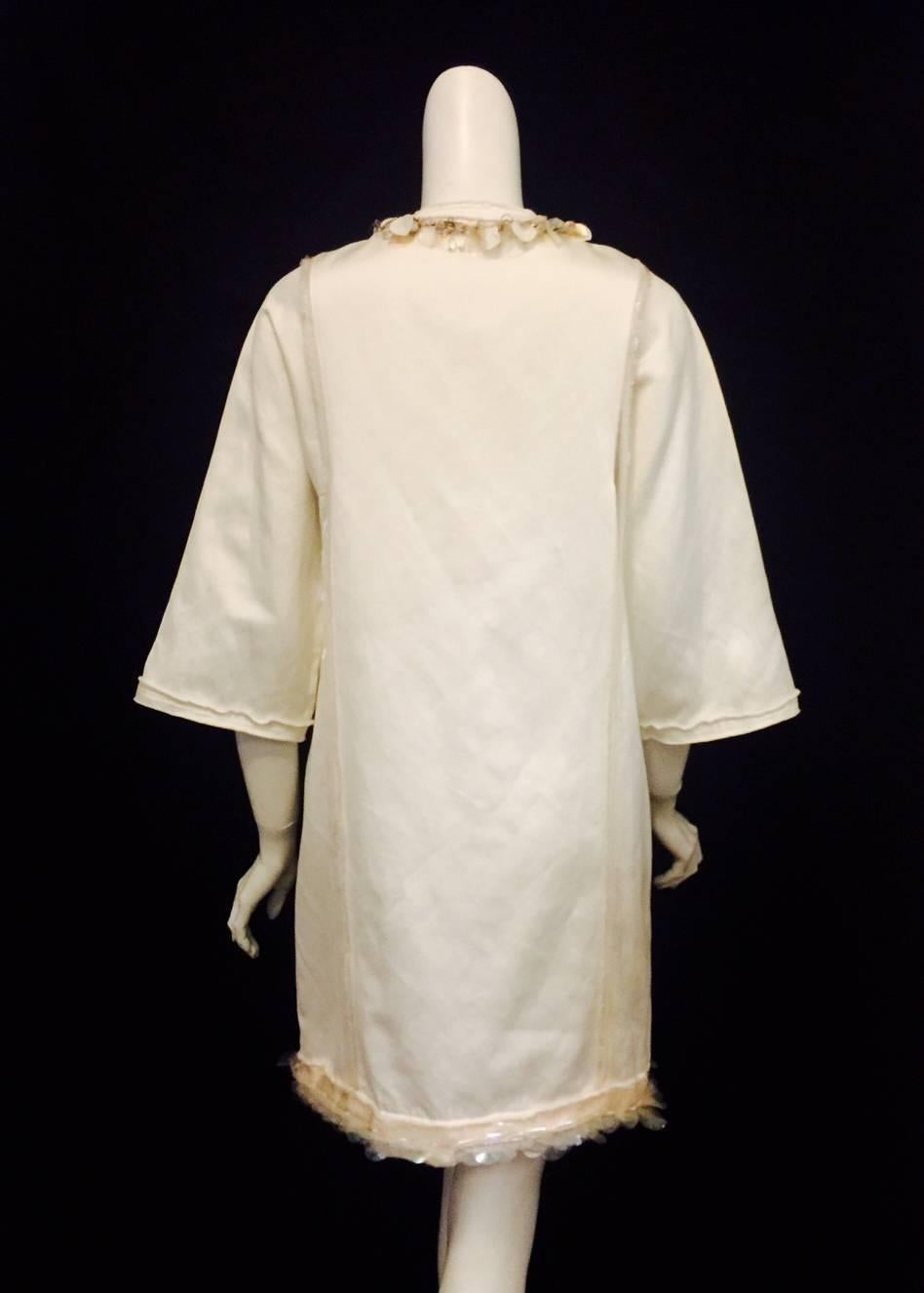 Lanvin Spring Ivory Brushed Cotton V-Neck Shift With Iridescent Paillettes  In Excellent Condition For Sale In Palm Beach, FL