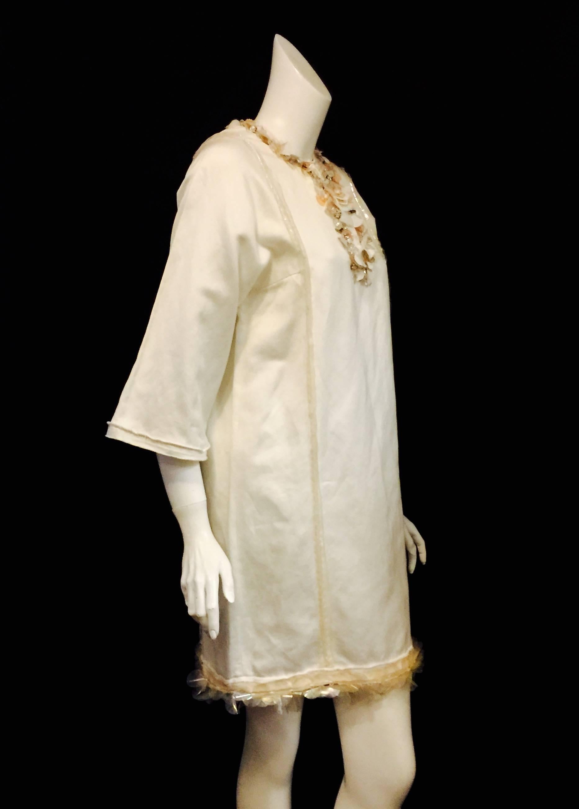 Lanvin Spring Ivory Brushed Cotton V-Neck Shift With Iridescent Paillettes  For Sale 2