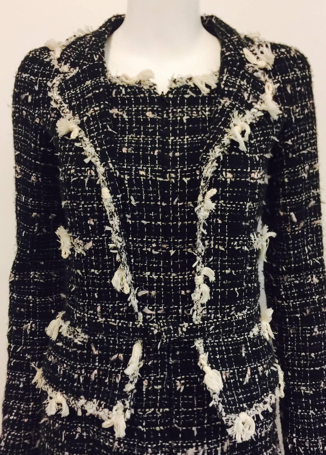 Chanel 2005 Cruise Black & White Tweed Belted Long Sleeve Dress w  Trim 1