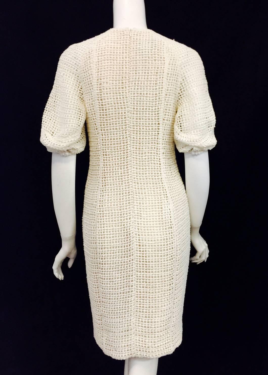 Beige Akris Ivory Cotton Crochet V-Neck Sheath With Ruched Sleeves  For Sale