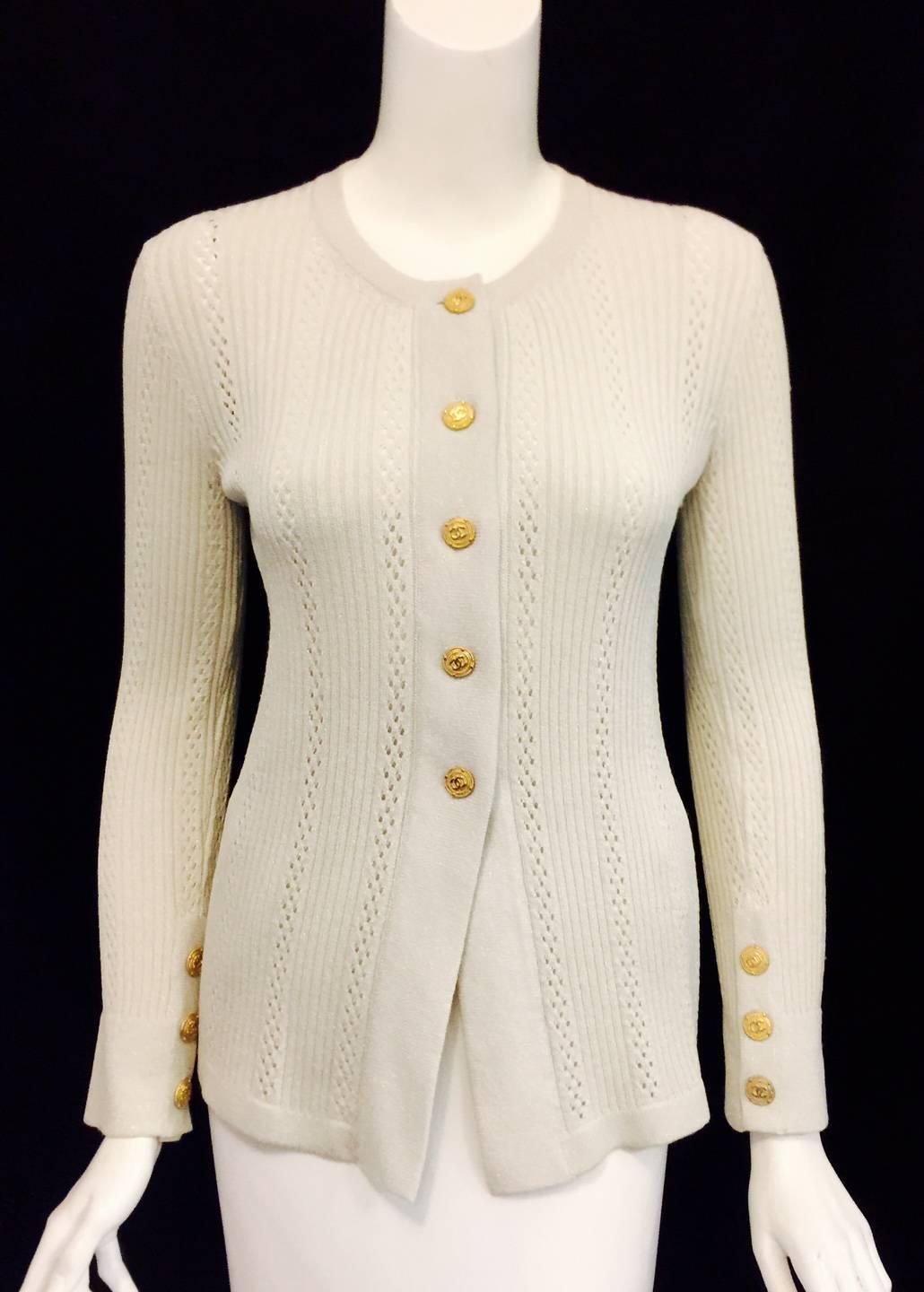 Chanel Metallic Dove Grey Light Weight Cardigan With Gold Tone Logo Buttons  2