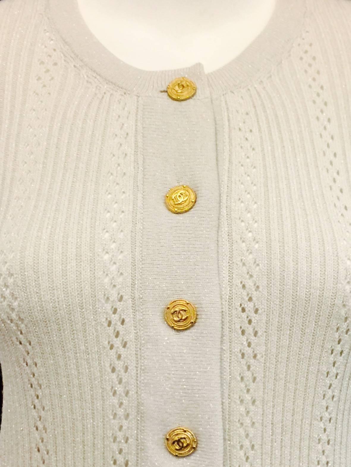 Chanel Metallic Dove Grey Light Weight Cardigan With Gold Tone Logo Buttons  1