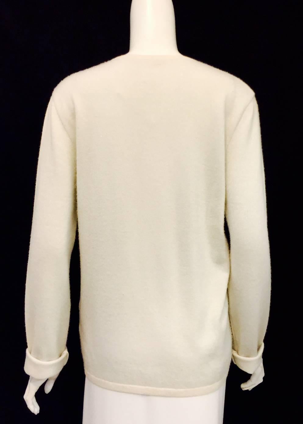 Women's Chanel Cashmere Blend Ivory Pullover With Silver Metallic Threads Sz 46