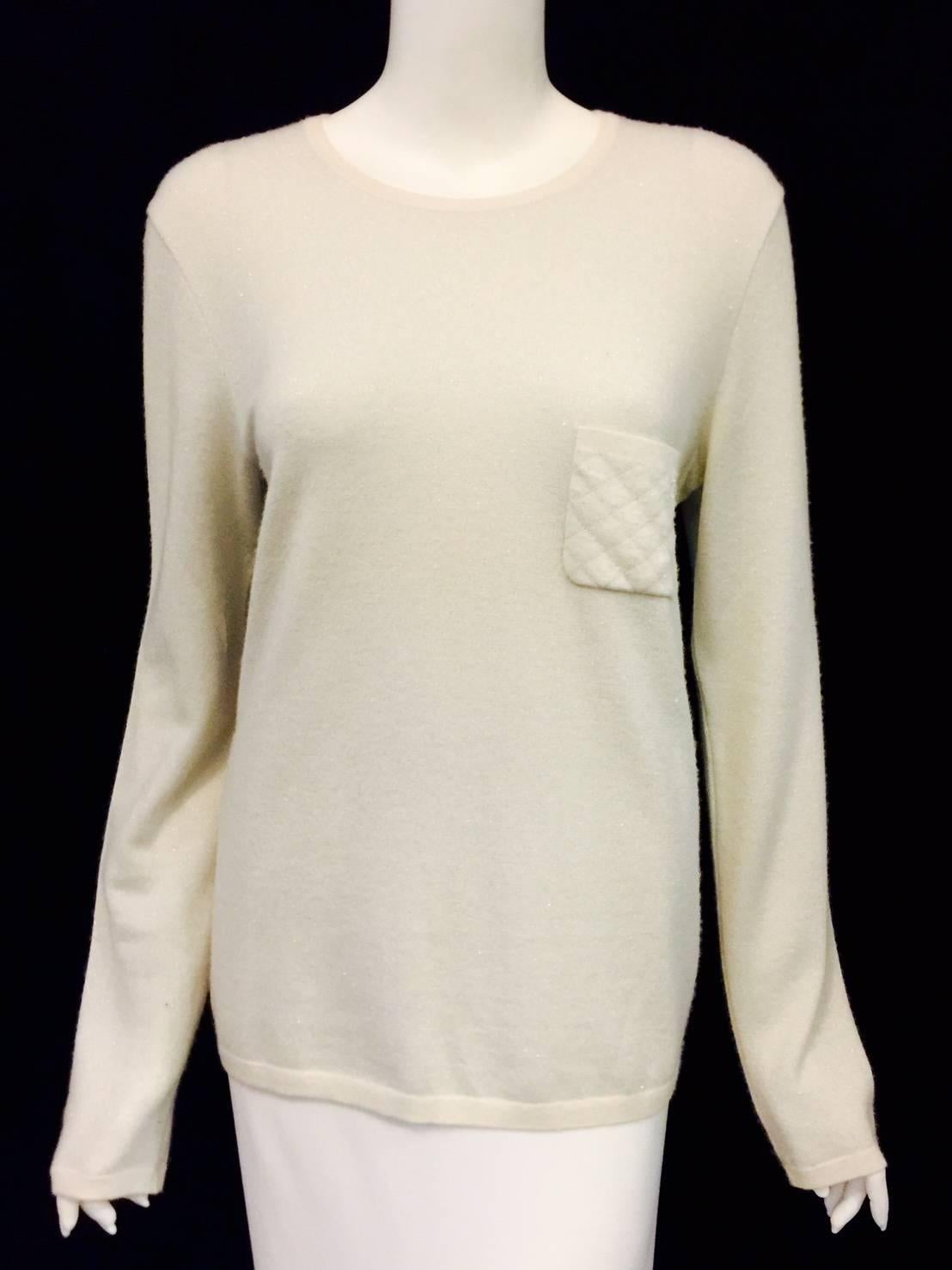 Beige Chanel Cashmere Blend Ivory Pullover With Silver Metallic Threads Sz 46