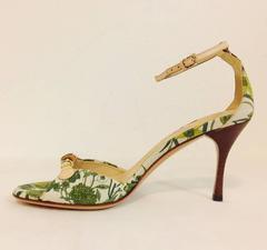 Gucci Tapestry Inspired Floral High Heel Sandals W Ankle Straps and Bamboo