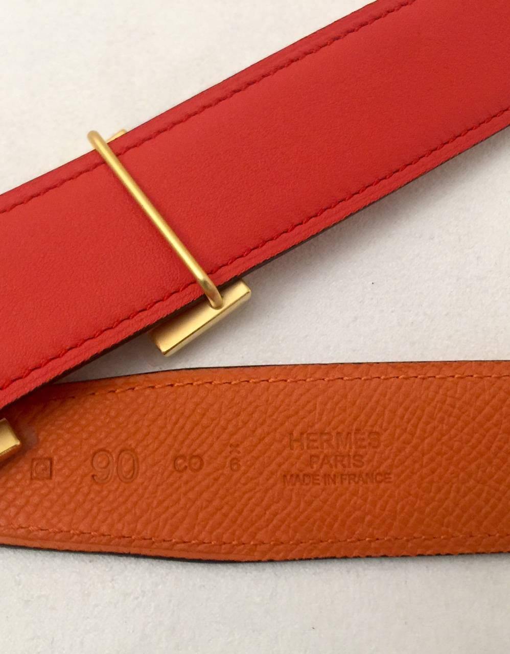 2013 Hermes Reversible Constance H Belt Strap Capucine Orange Rare 90cm 1