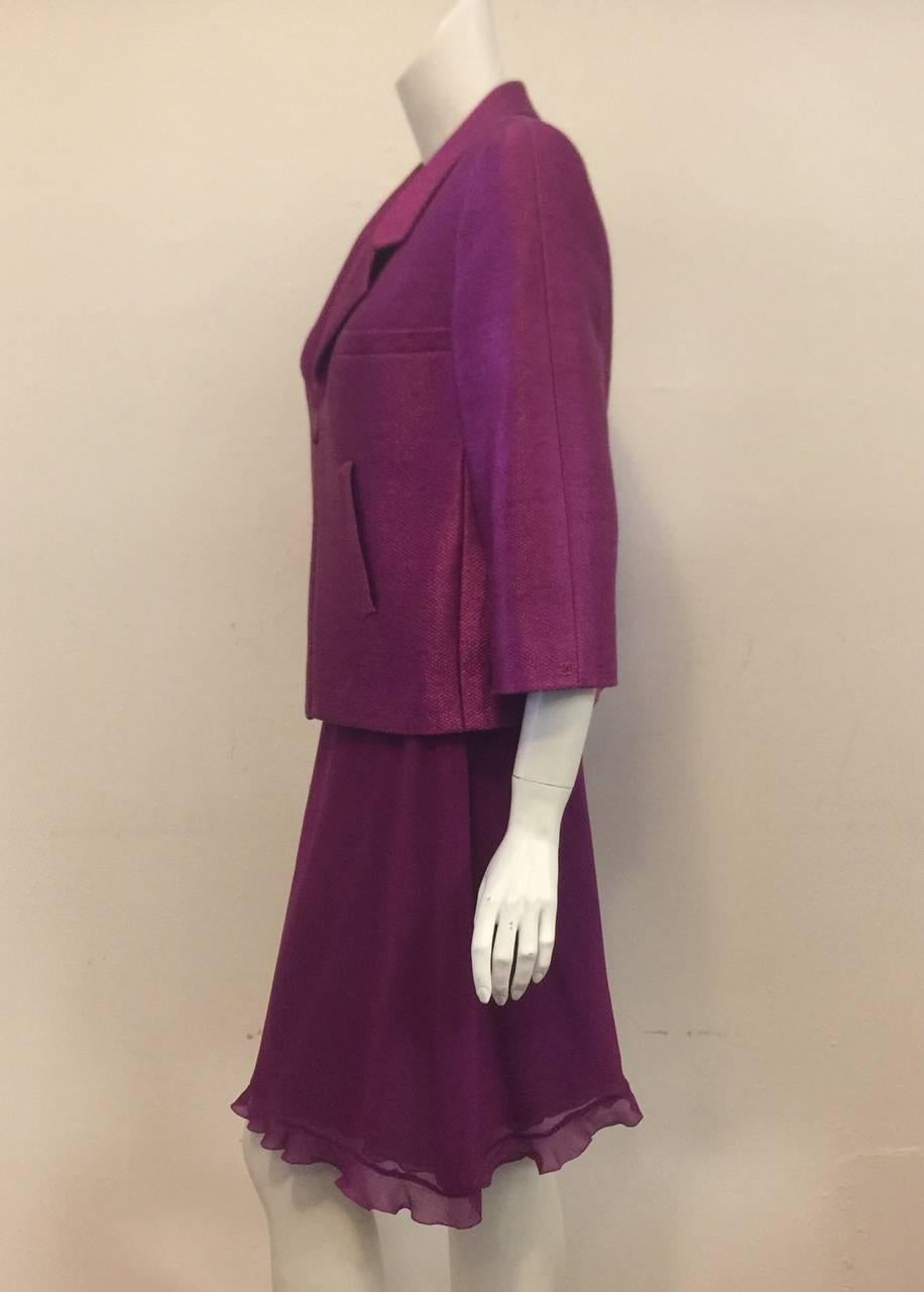 Chanel 2001 Spring Plum Ensemble W Raffia Jacket and Chiffon Skirt and Shell For Sale 1