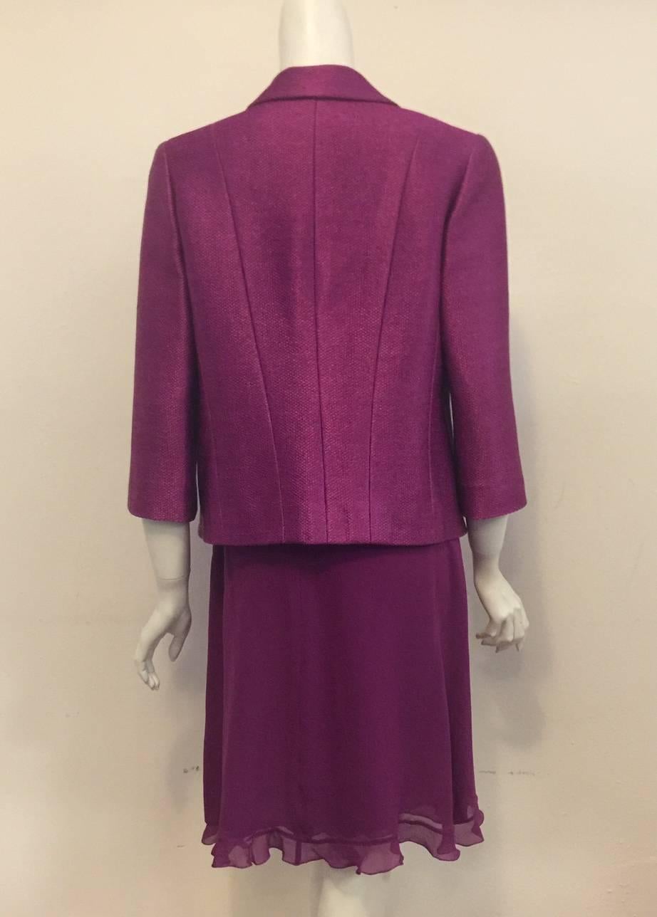 Chanel 2001 Spring Plum Ensemble W Raffia Jacket and Chiffon Skirt and Shell In Excellent Condition For Sale In Palm Beach, FL