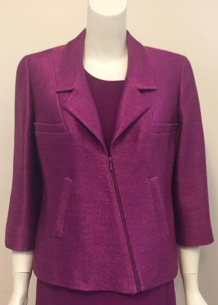 Purple Chanel 2001 Spring Plum Ensemble W Raffia Jacket and Chiffon Skirt and Shell For Sale