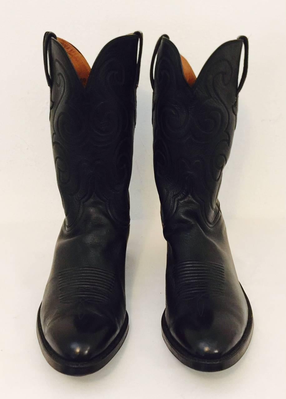 Men's Collins black leather western boots by Lucchese.  Made with strong, but soft and supple baby buffalo.  Hand made to exacting standards since the 1860's. This is a current model, sized US 13.
