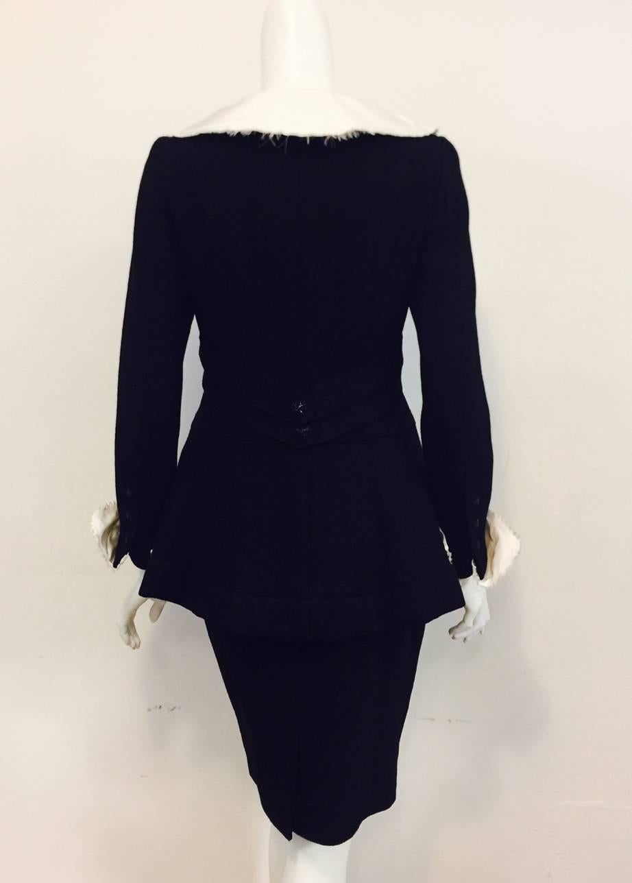 Chanel Black Double Faced Wool Skirt Suit With Removable Silk Collar and Cuffs In Excellent Condition In Palm Beach, FL