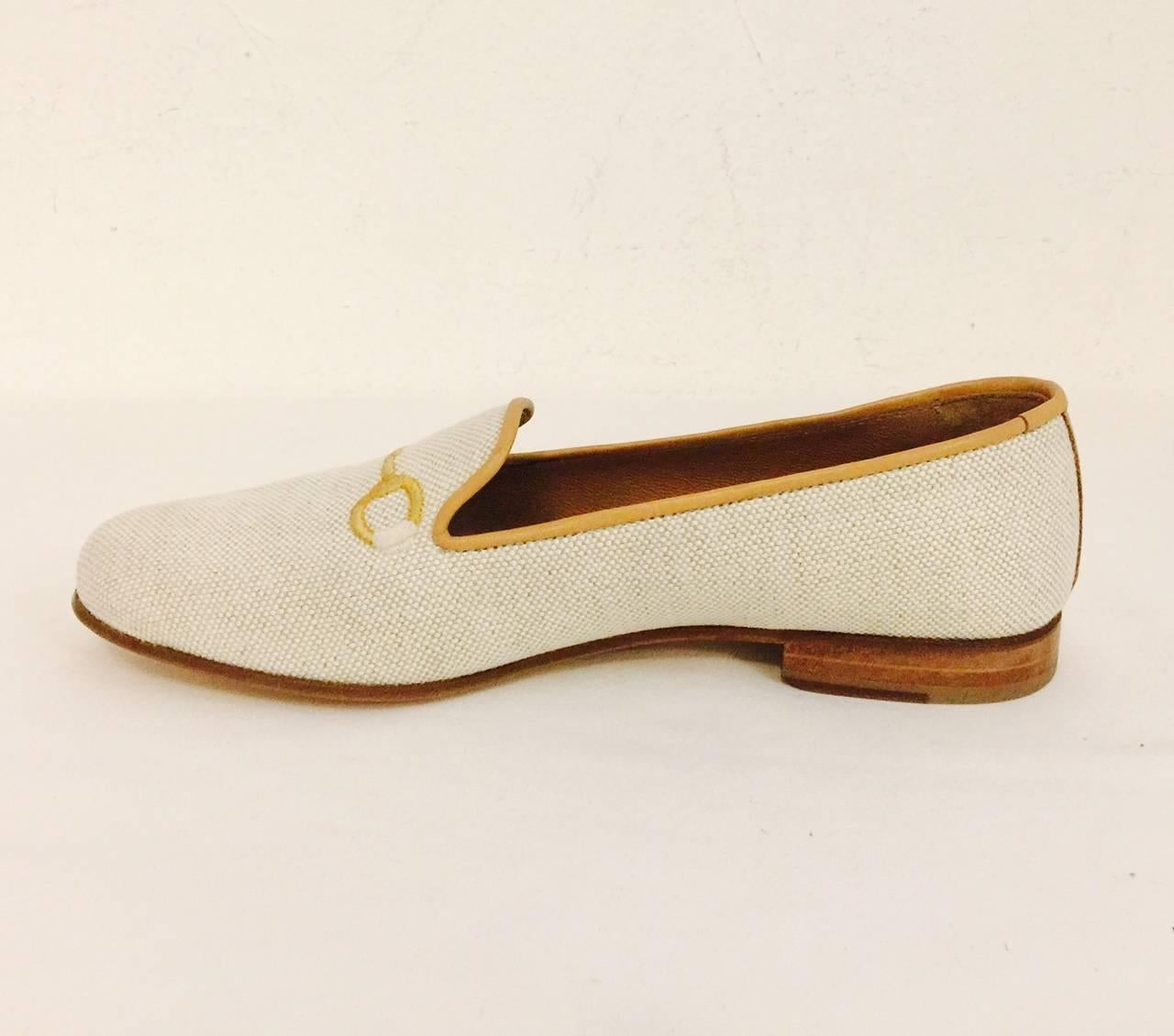 Beige Stubbs & Wootton Palm Beach Canvas Slippers With Horsebit Embroidery 
