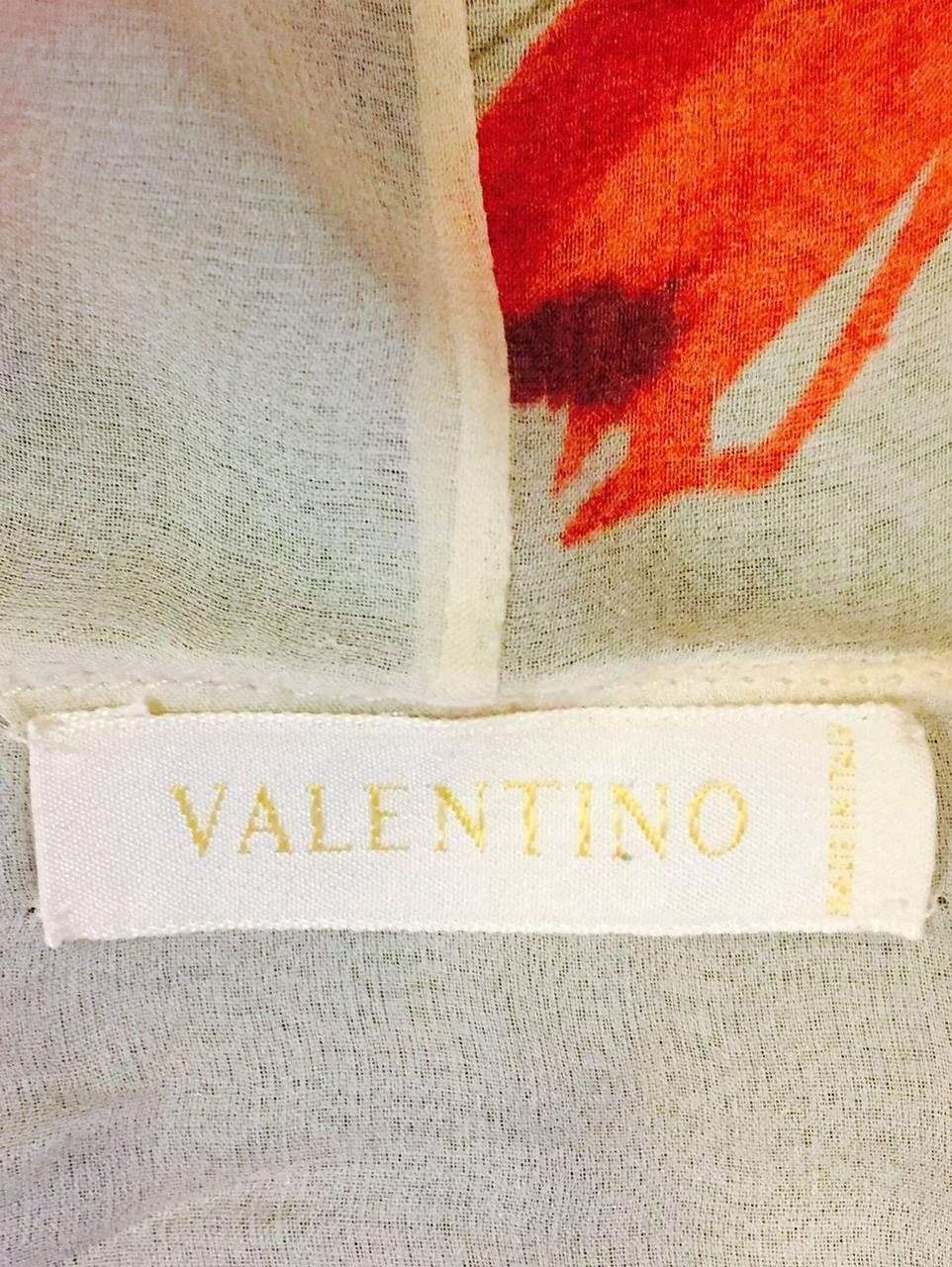 Valentino Ivory Silk Chiffon Floral Print Blouse With Tiered Ruffles and Lace In Excellent Condition For Sale In Palm Beach, FL