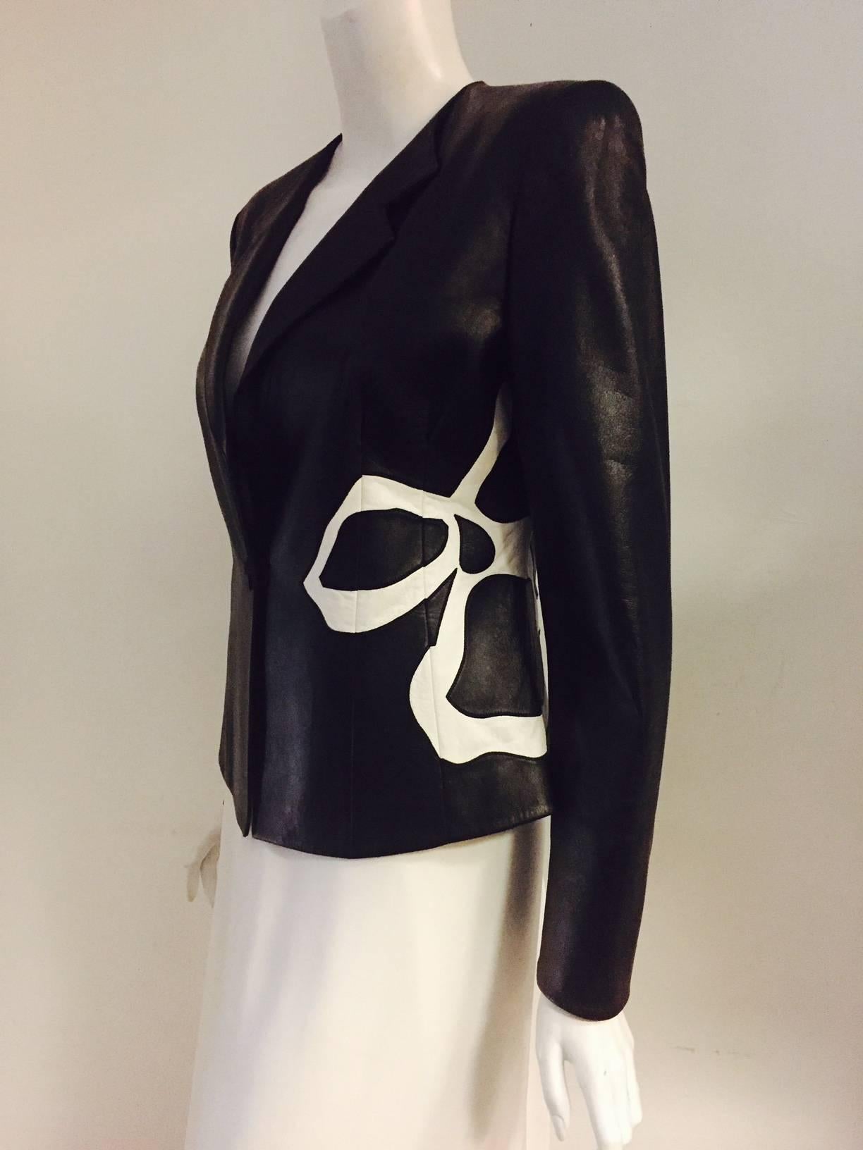 Armani Collezioni Fitted Black Leather Jacket With Abstract Floral Design  In Excellent Condition For Sale In Palm Beach, FL