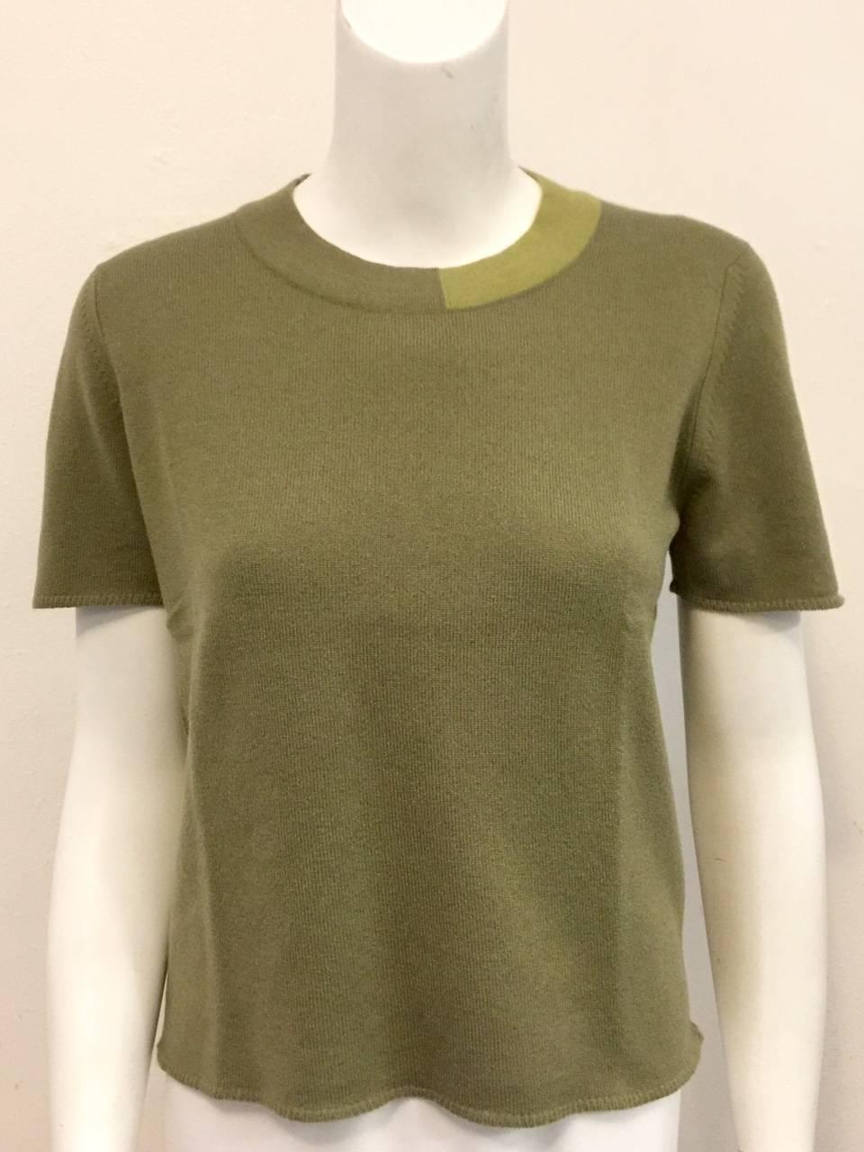 Gray Chanel Fall 1998 Olive Cashmere Twinset With Color Blocked Placket and Collar 40 For Sale