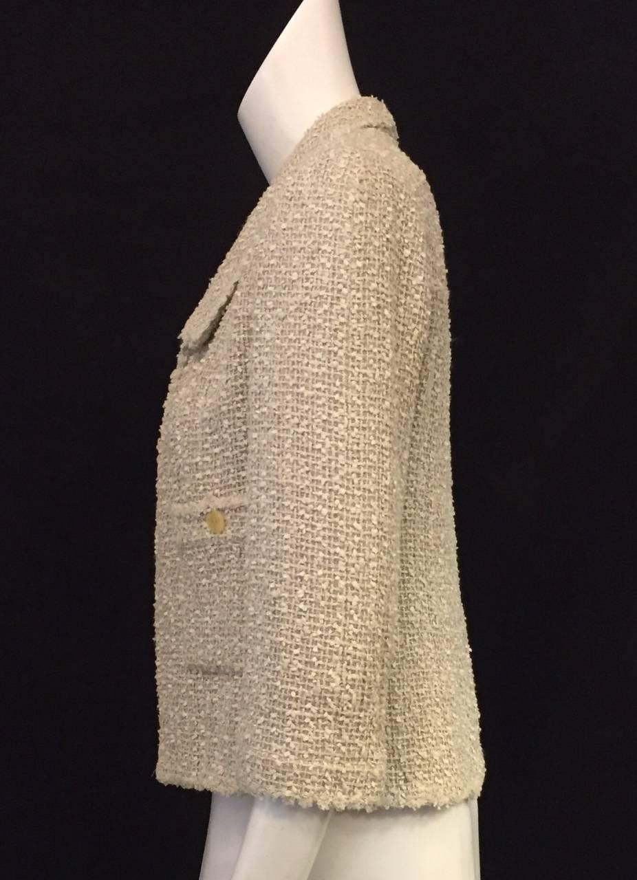 Women's 1990s Chanel Beige Tweed Jacket With Bracelet Sleeves and Patch Pockets 