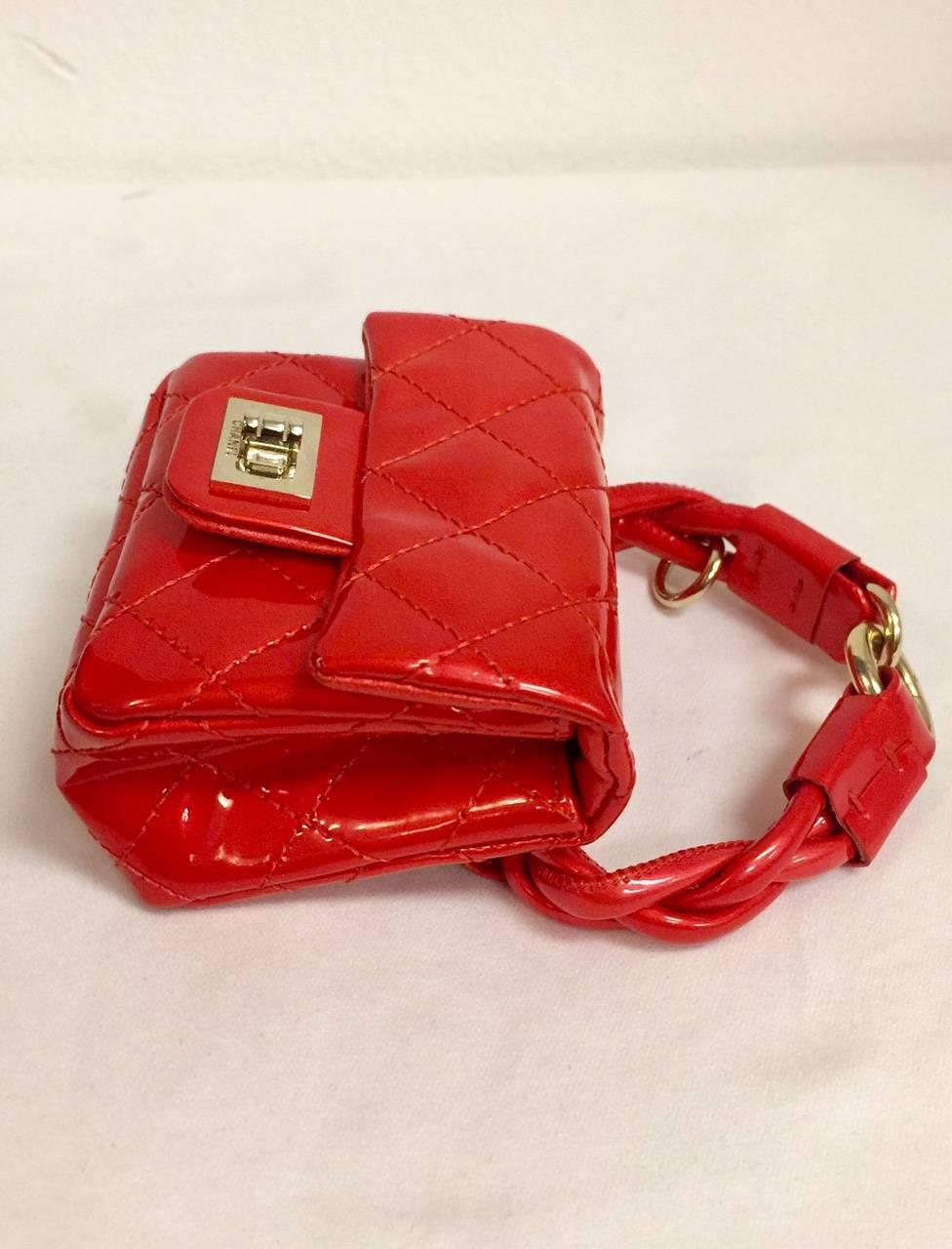 Chanel Lipstick Red Quilted Patent Leather Micro Mini Flap Wristlet In Excellent Condition In Palm Beach, FL