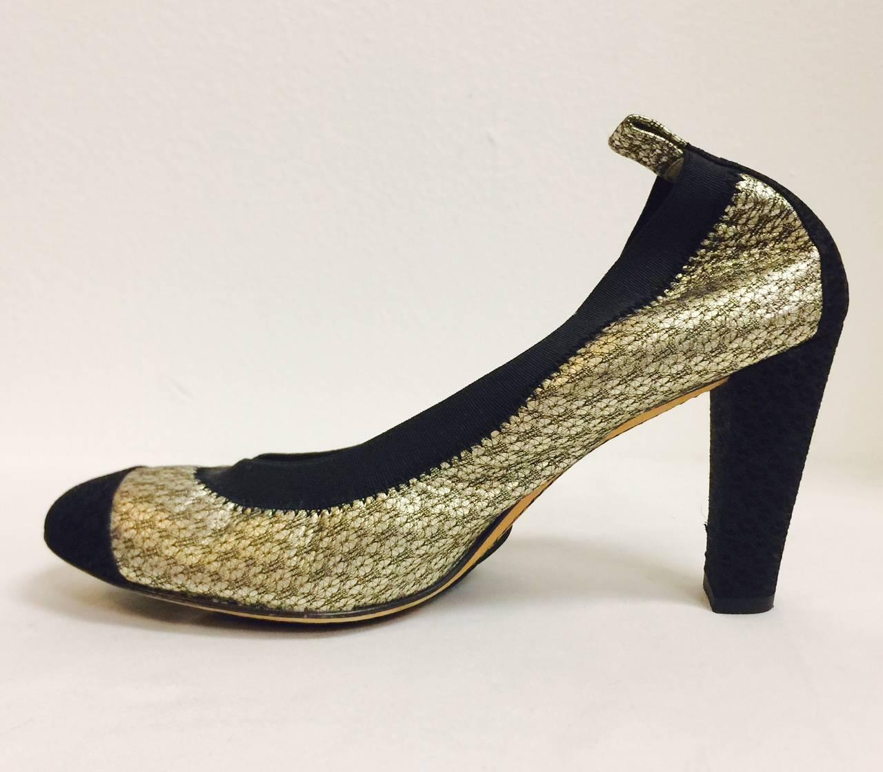Women's Chanel Antique Gold Metallic Leather and Black Brocade Stretch Pumps 