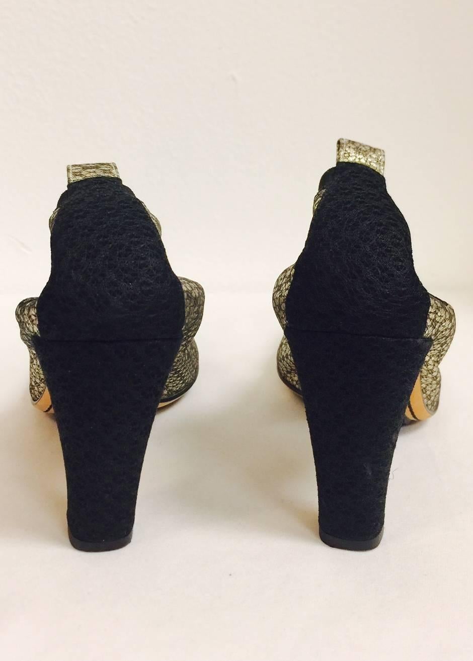 Chanel Antique Gold Metallic Leather and Black Brocade Stretch Pumps  1