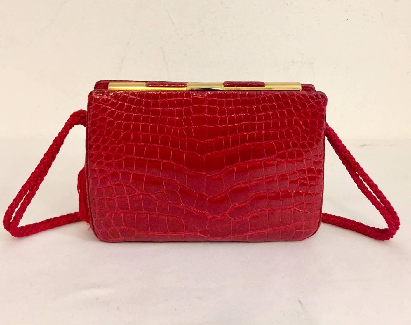 Vintage Judith Leiber Red Alligator Shoulder Bag With Gold Tone Hardware In Excellent Condition In Palm Beach, FL