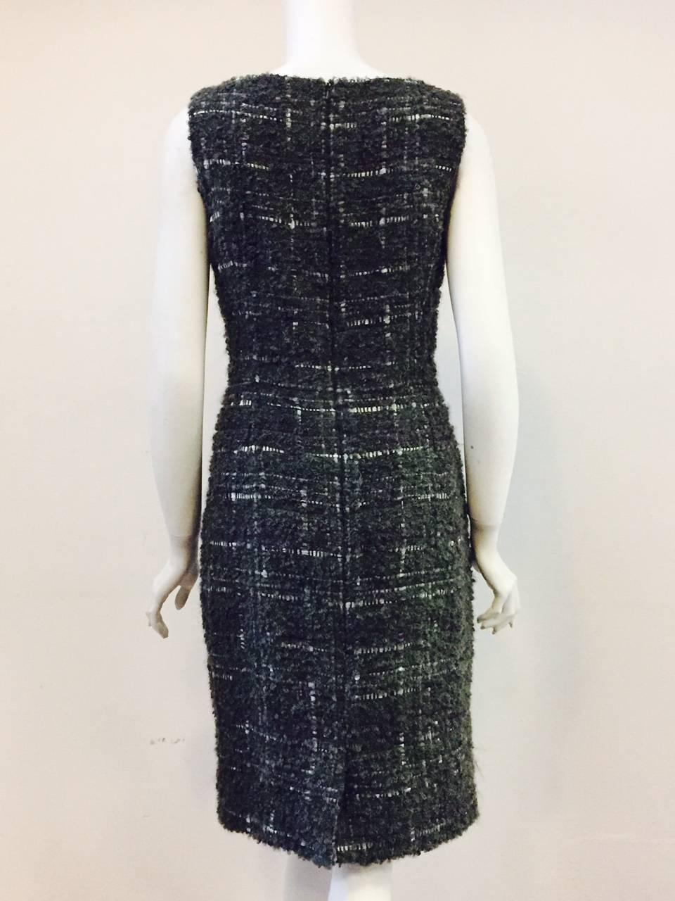 Black Christian Dior Aubergine and Olive Boucle Wool Blend Tweed Sleeveless Sheath  For Sale