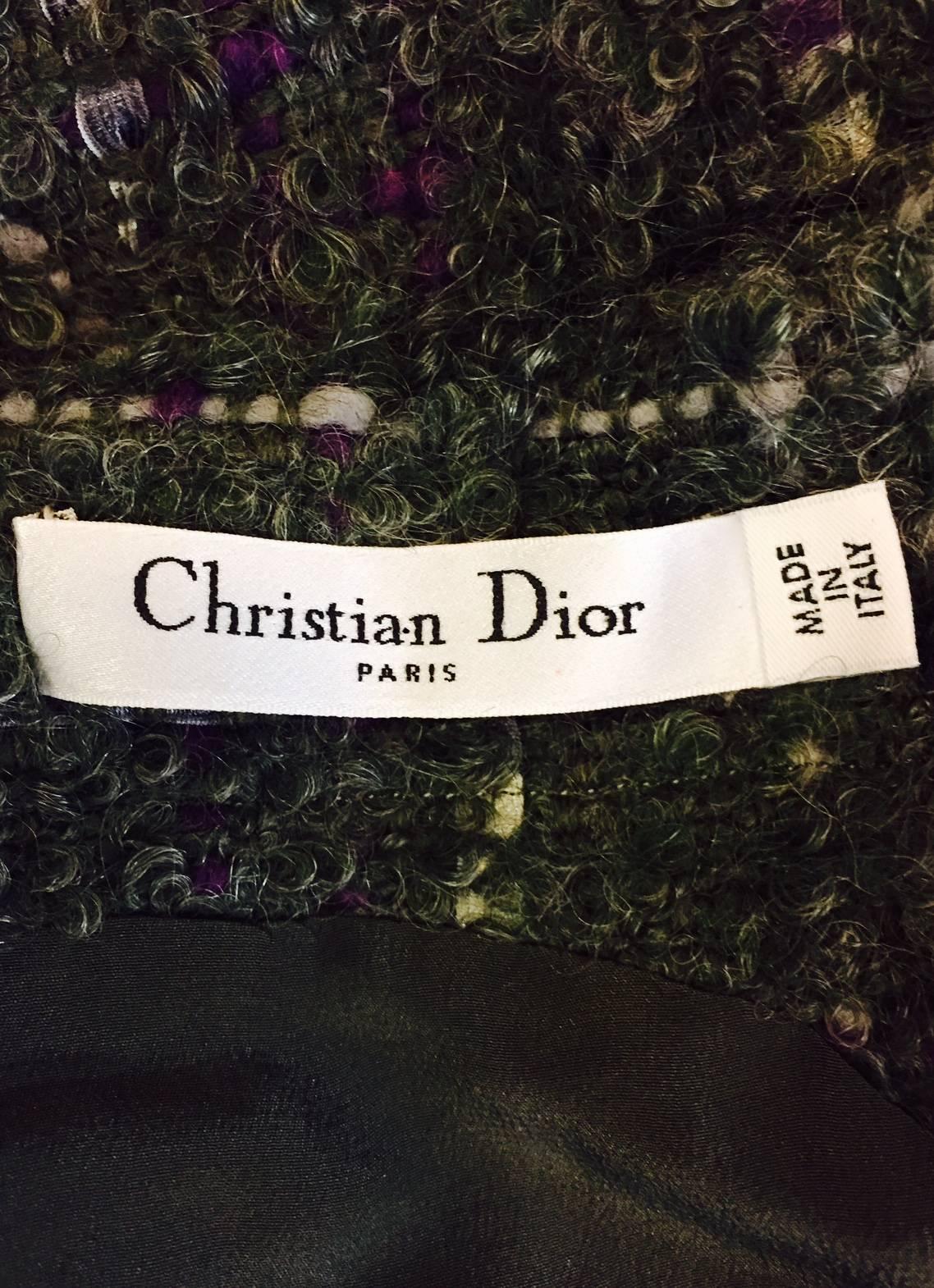 Women's Christian Dior Aubergine and Olive Boucle Wool Blend Tweed Sleeveless Sheath  For Sale