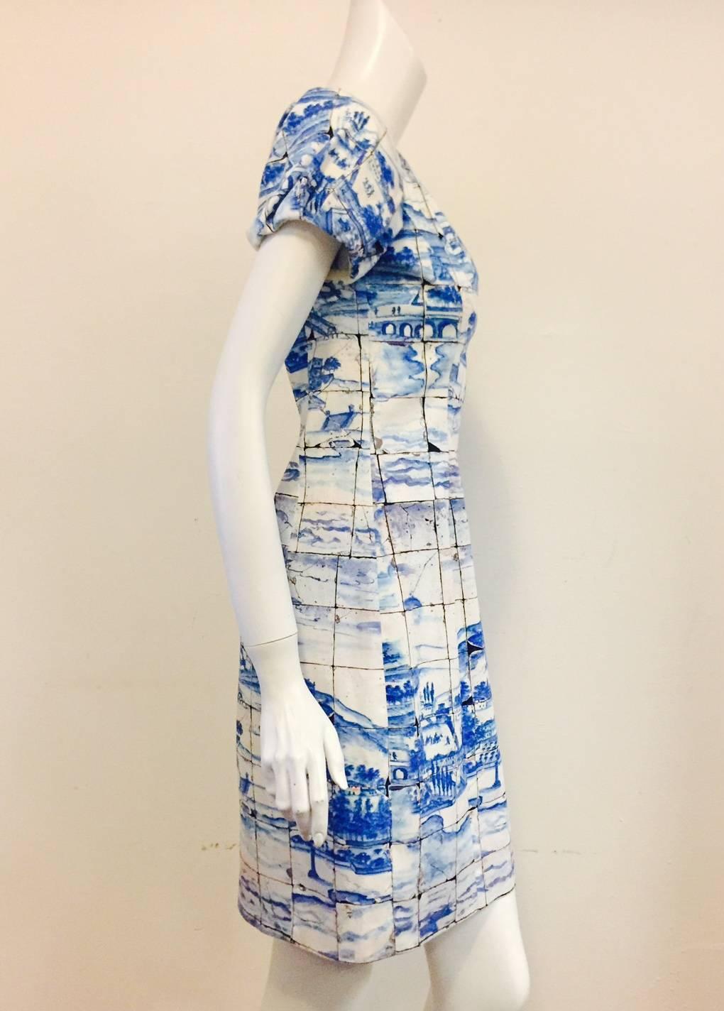 Prada cotton dress features a mosaic print of blue and white 