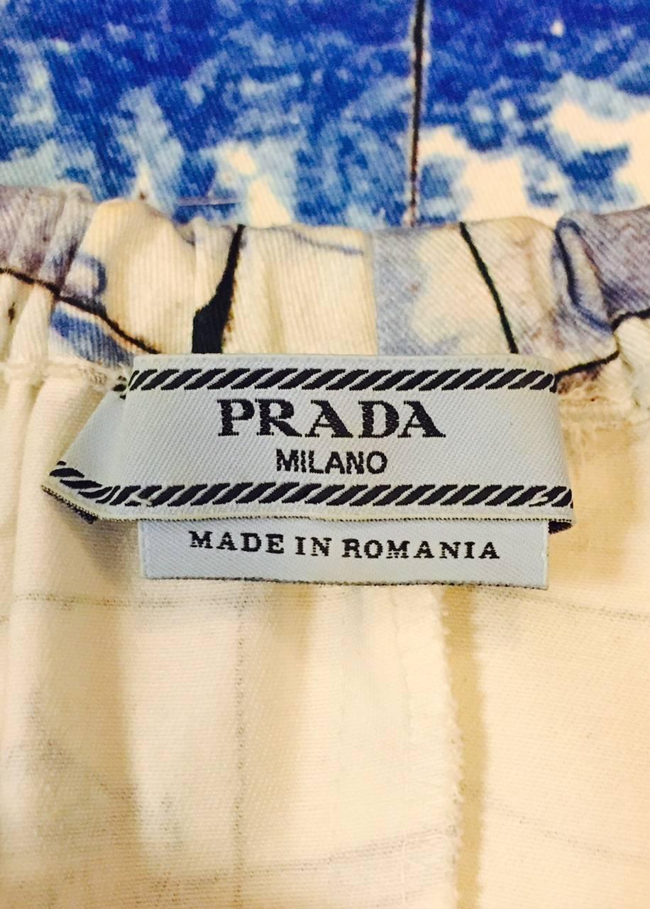 Prada Blue and White Porcelain Print Cotton Shift Dress With Pouf Short Sleeves In Excellent Condition For Sale In Palm Beach, FL