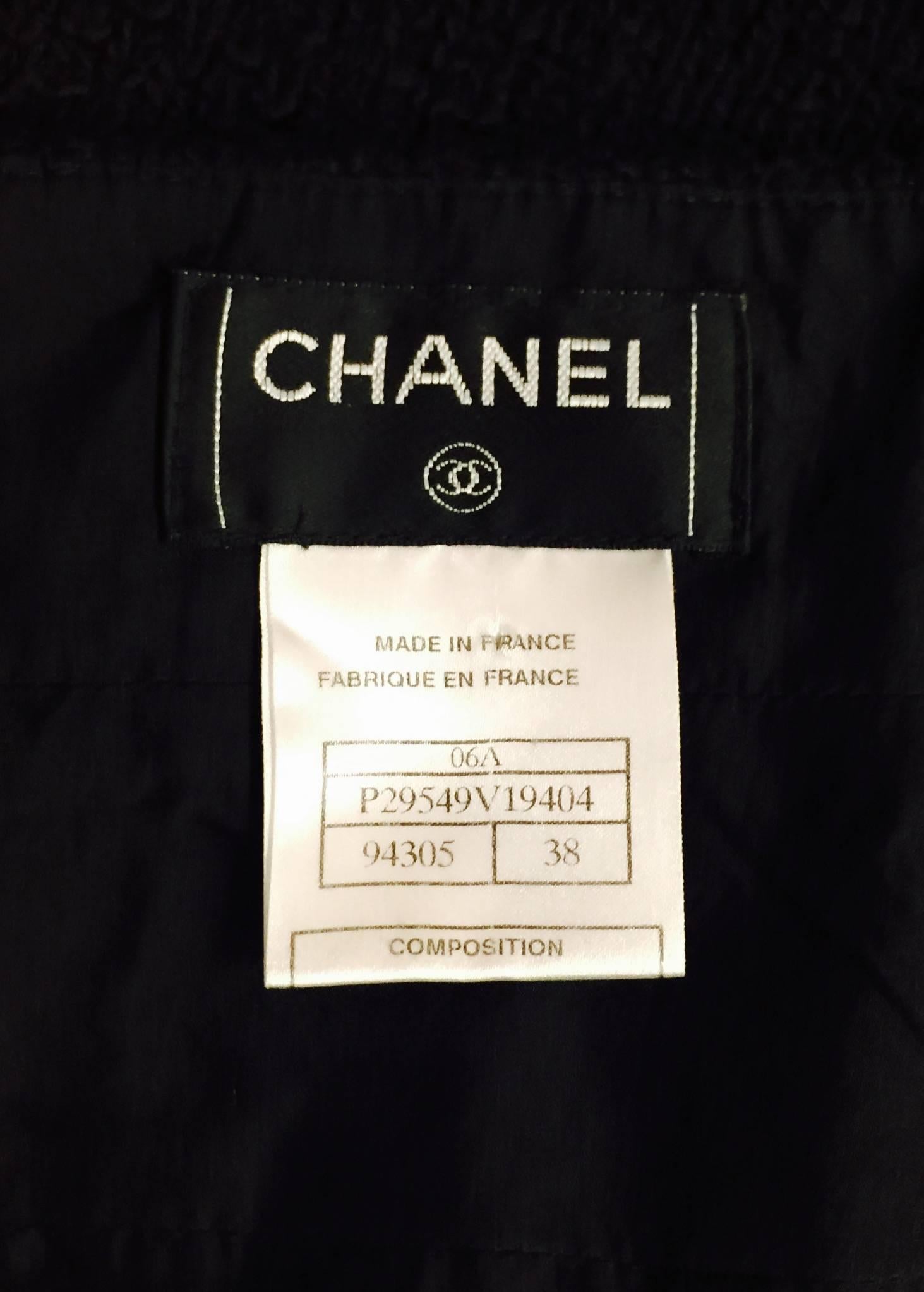 Chanel Black Wool and Cotton Tweed Evening Suit With Black Satin Trim 38 For Sale 3