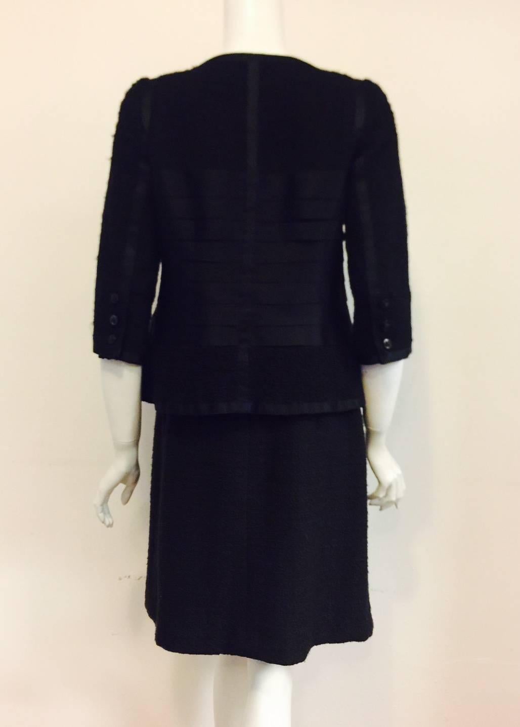 Chanel Black Wool and Cotton Tweed Evening Suit With Black Satin Trim 38 In Excellent Condition For Sale In Palm Beach, FL