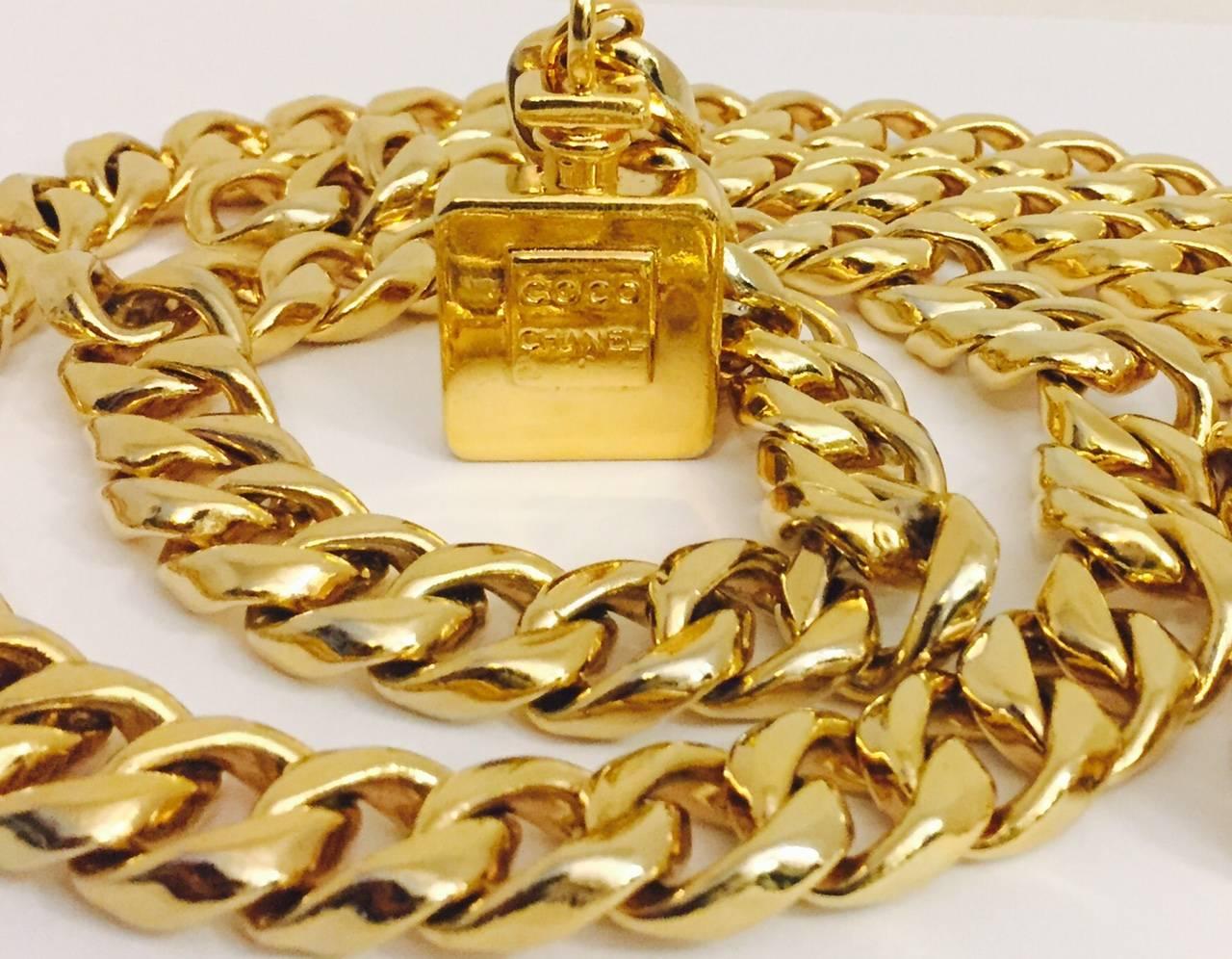 Chanel is way more than a skirt suit!  This fabulous belt, fabricated in gold tone, features a double strand drop to sit at the waist with a single strand to clasp at the perfect spot for you!  The ever iconic Chanel Perfume Bottle dangles