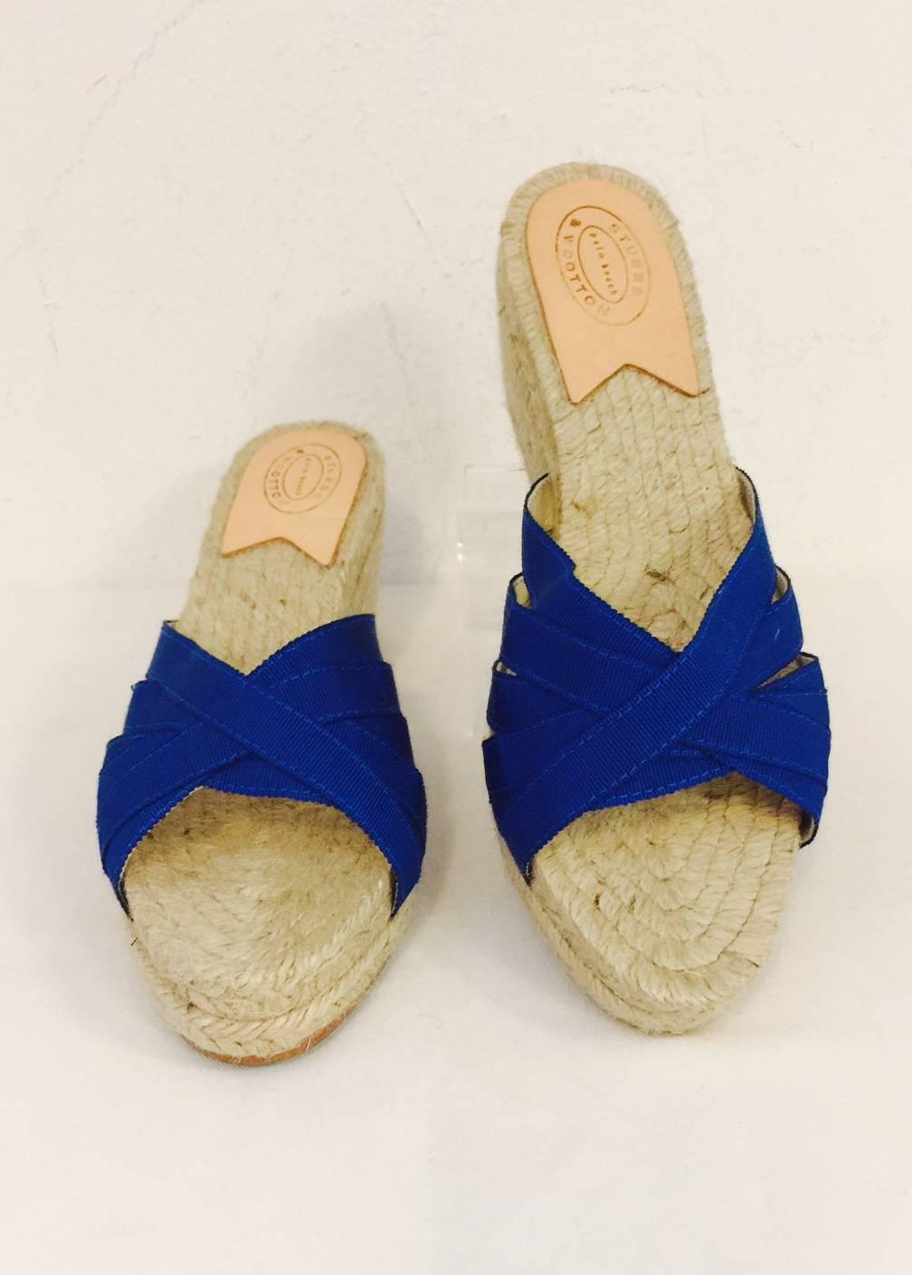 Stubbs & Wootton is so much more than embroidered evening slippers!  These natural rope wedge heels feature top-stitched Royal Blue Grosgrain Ribbon and green leather soles.  Never worn outside.  Excellent Condition!  Made in Spain. Heel Height: